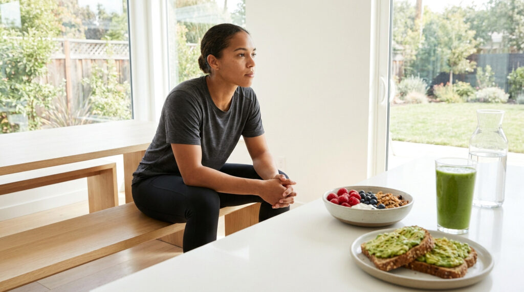 Une femme athlétique assise devant un petit-déjeuner sain composé de toasts à l'avocat, d'un bol de fruits et d'un smoothie vert.