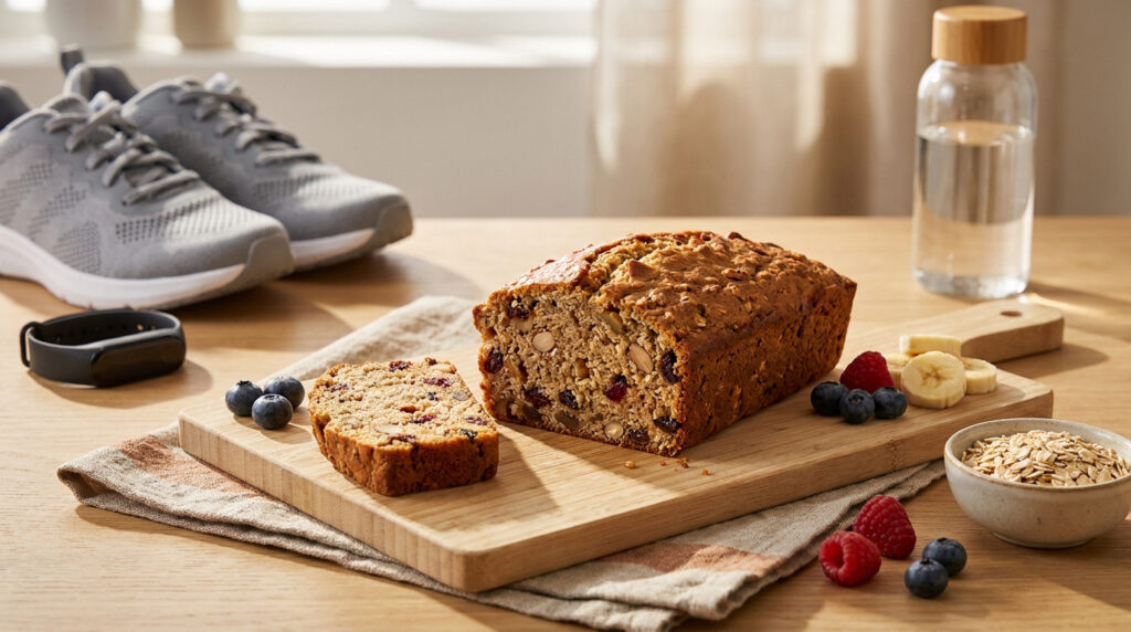 Un gâteau aux céréales et fruits secs tranché sur une planche en bois, entouré de baskets et d'une bouteille d'eau.