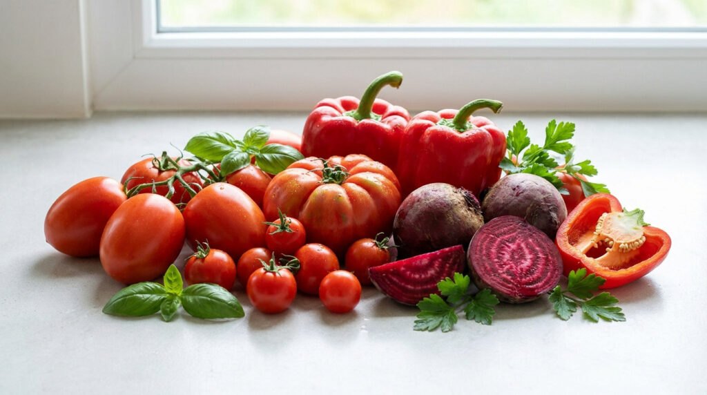 Un assortiment de légumes rouges frais incluant tomates, poivrons et betteraves sur une surface claire.