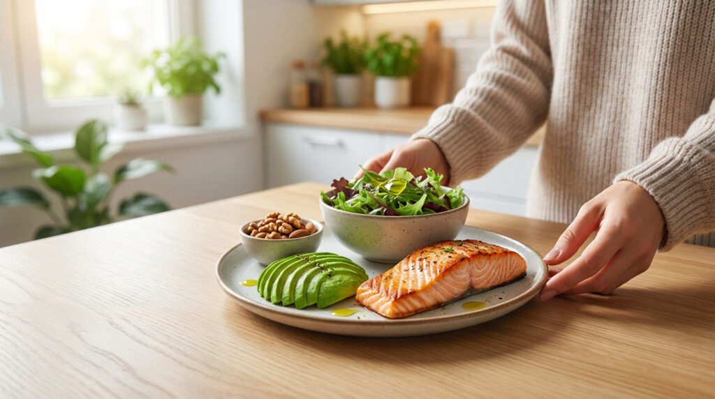 Une personne présente une assiette de saumon grillé, avocat en tranches, salade et noix dans une cuisine lumineuse.