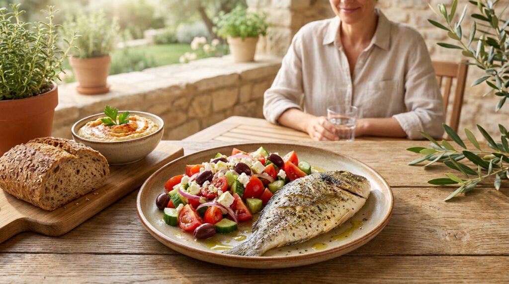 Une assiette avec un poisson grillé, une salade grecque, du pain et du houmous sur une table en bois en extérieur.