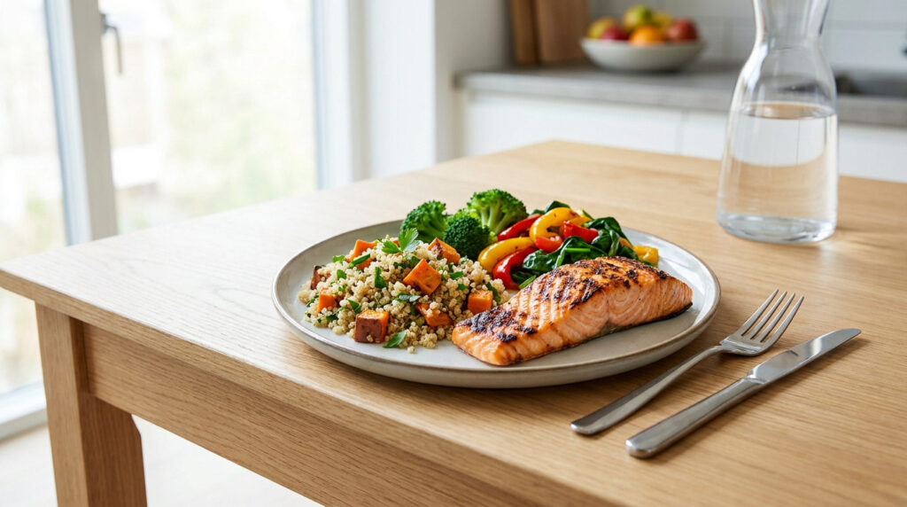 Une assiette composée d'un pavé de saumon grillé, de quinoa aux patates douces et de légumes verts sur une table en bois.