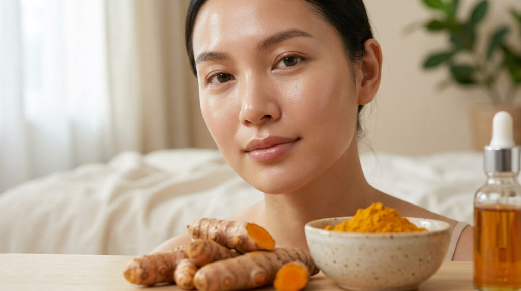 Jeune femme au teint lumineux à côté de racines de curcuma et d'un sérum visage.